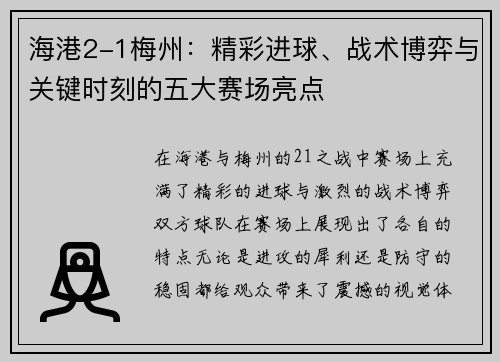 海港2-1梅州：精彩进球、战术博弈与关键时刻的五大赛场亮点