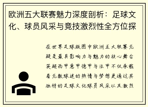 欧洲五大联赛魅力深度剖析：足球文化、球员风采与竞技激烈性全方位探讨