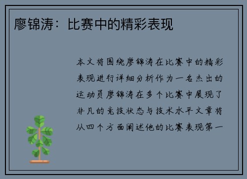 廖锦涛：比赛中的精彩表现